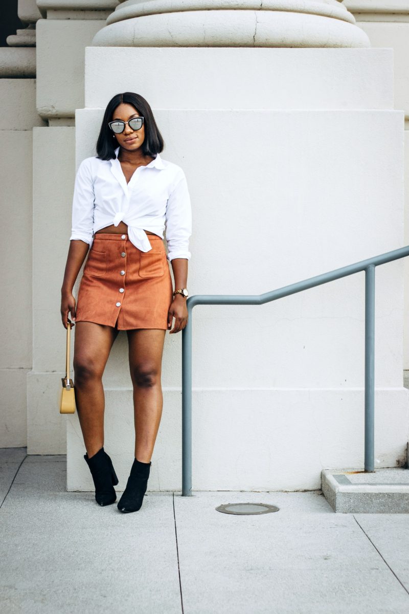 Rust Skirt + Cold Shoulder Button Up | The Daily Seyi